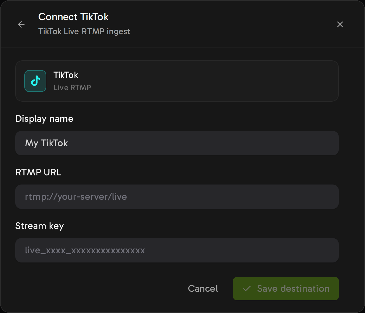 The Connect TikTok form in Streamloop. The RTMP URL and Stream key fields are empty, and Save destination stays off until both are filled.