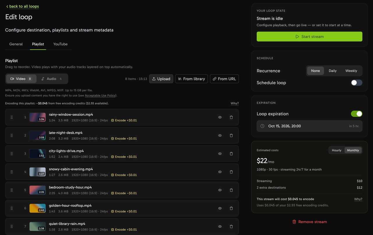The Playlist tab of a Streamloop loop with seven video clips in order. Each clip shows its length, size and resolution.