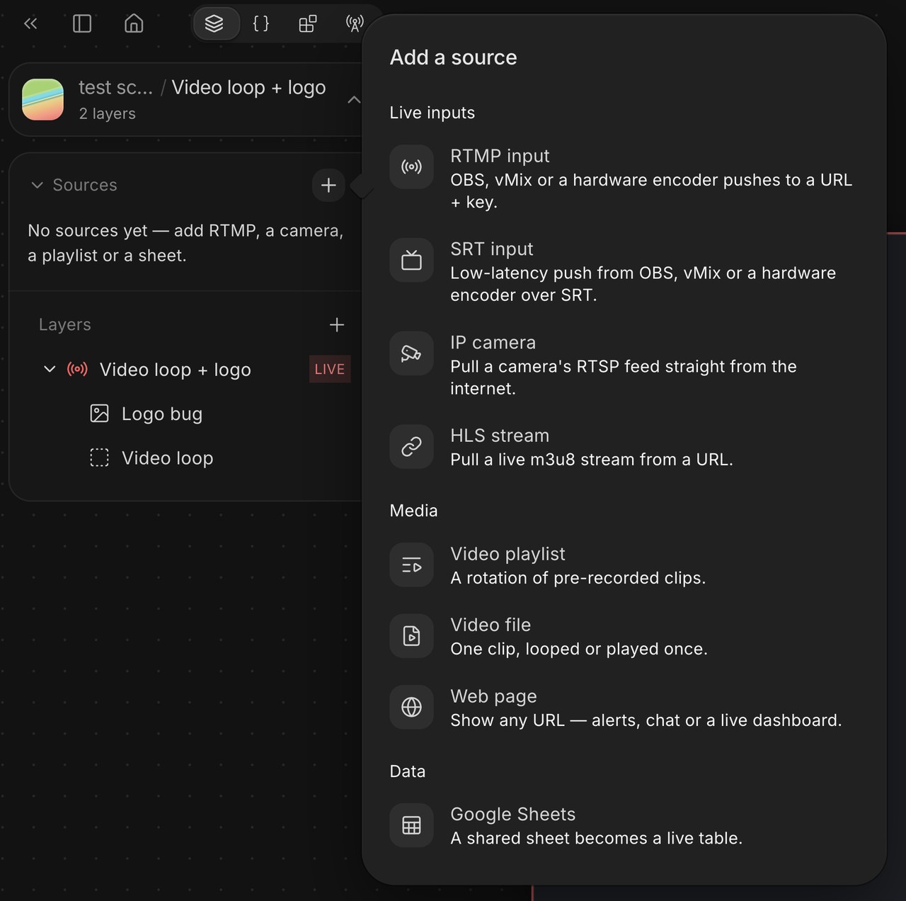 The Add a source menu in the Streamloop studio. Live inputs are RTMP input, SRT input, IP camera and HLS stream.