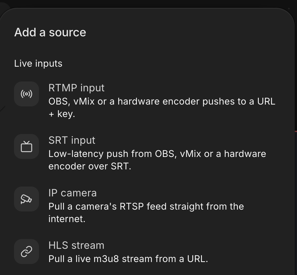 The Add a source menu in the Streamloop studio, with the Live inputs RTMP input, SRT input, IP camera and HLS stream.