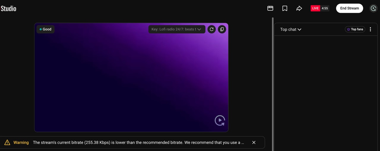 YouTube Live Control Room receiving a Streamloop test stream: LIVE for 4 minutes 55 seconds, stream health Good, and a low bitrate warning.