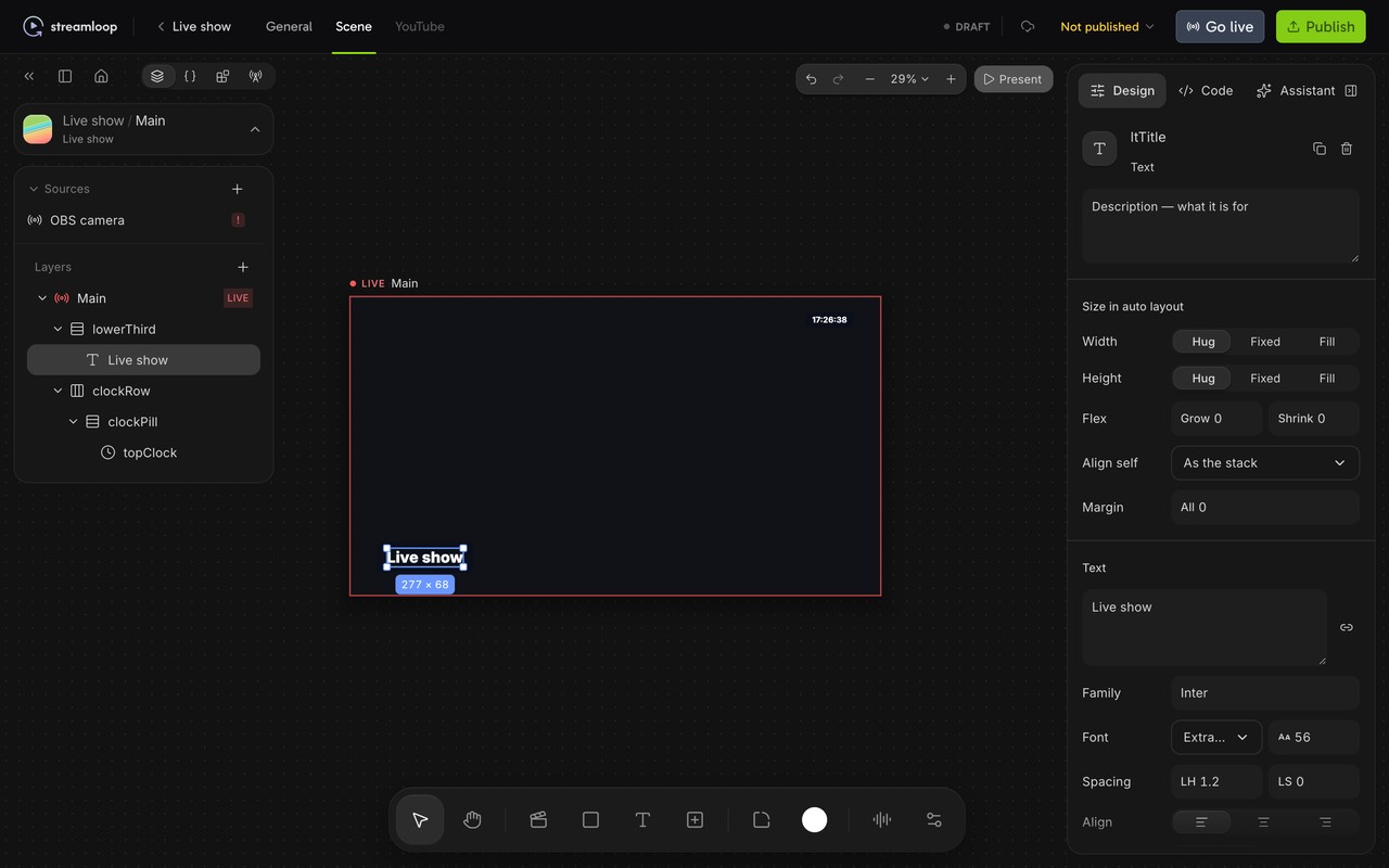 The scene studio with the Live show scene open. The layers list shows a main frame with a lower third and a clock. The Design panel shows text settings.