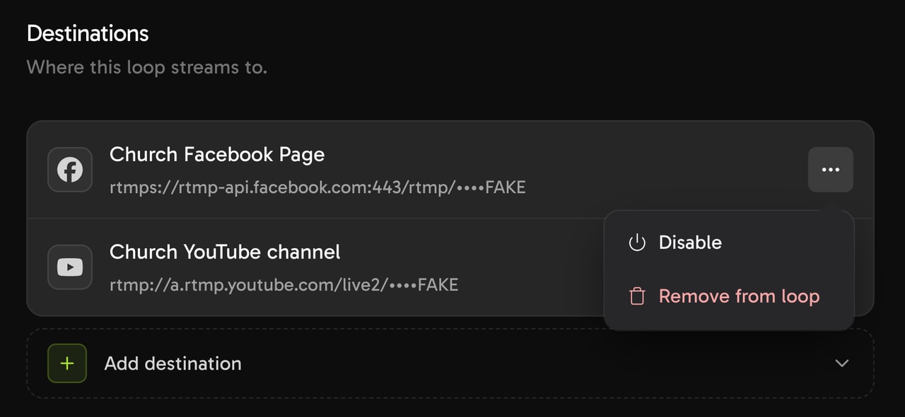 Two destinations on a stopped Streamloop loop. The menu of the Facebook destination shows Disable and Remove from loop.