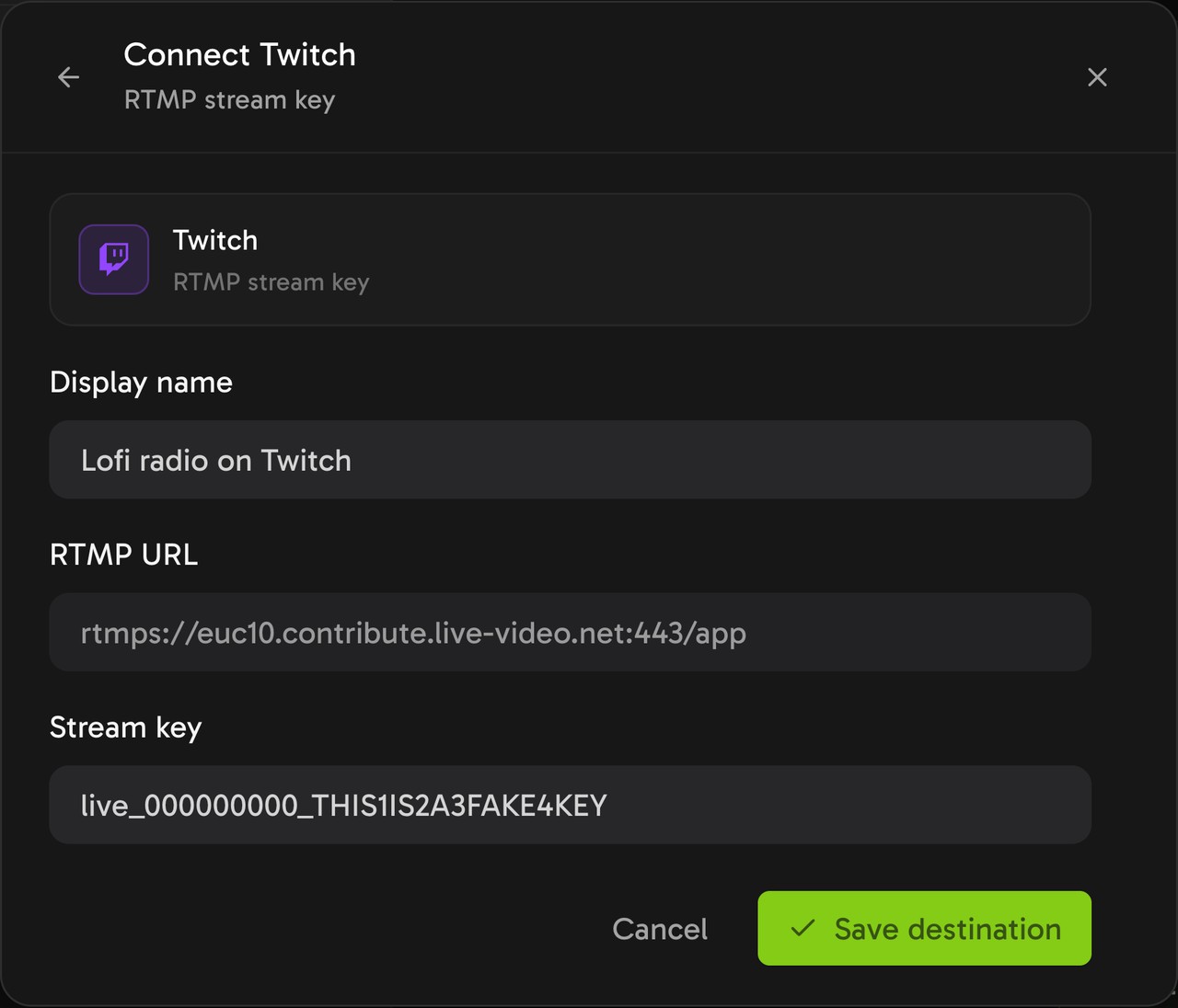 The Connect Twitch form with a name, the Twitch server URL filled in and an example stream key.