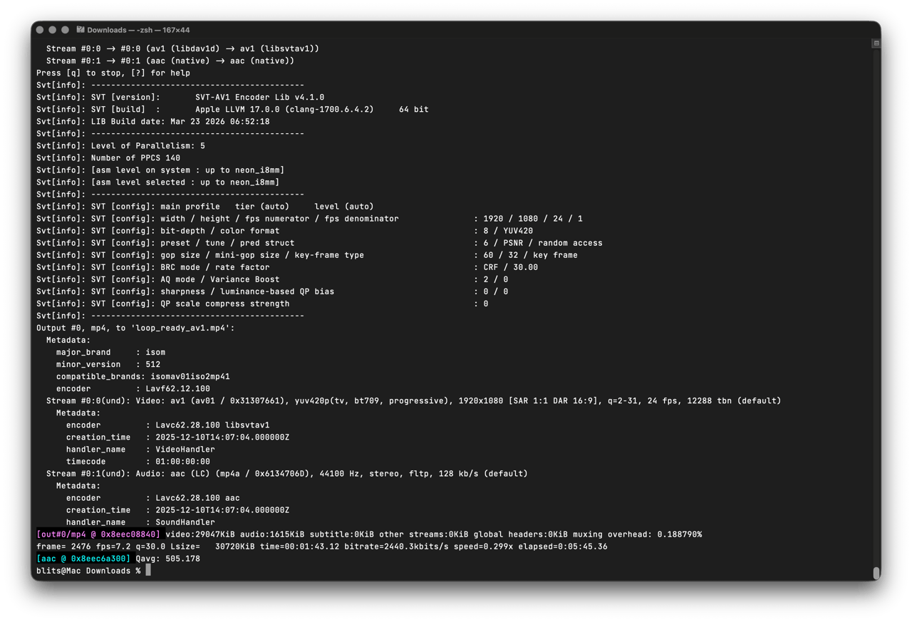 Terminal output of an SVT-AV1 encode that wrote loop_ready_av1.mp4 with AAC audio at 128 kbps and 44.1 kHz