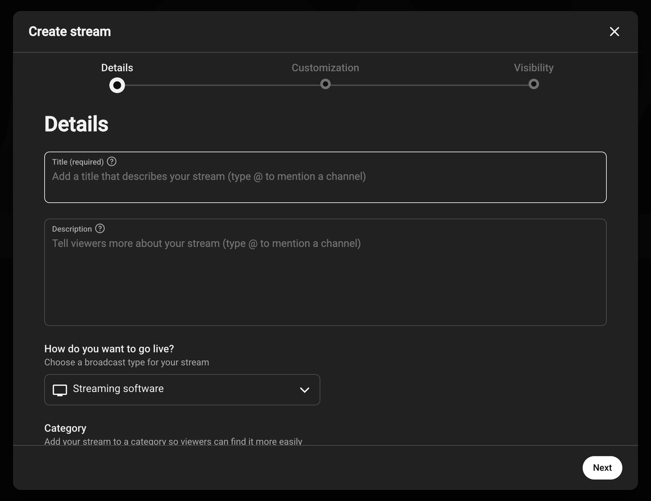 YouTube Studio Create stream dialog at the Details step, with Streaming software chosen as the way to go live.