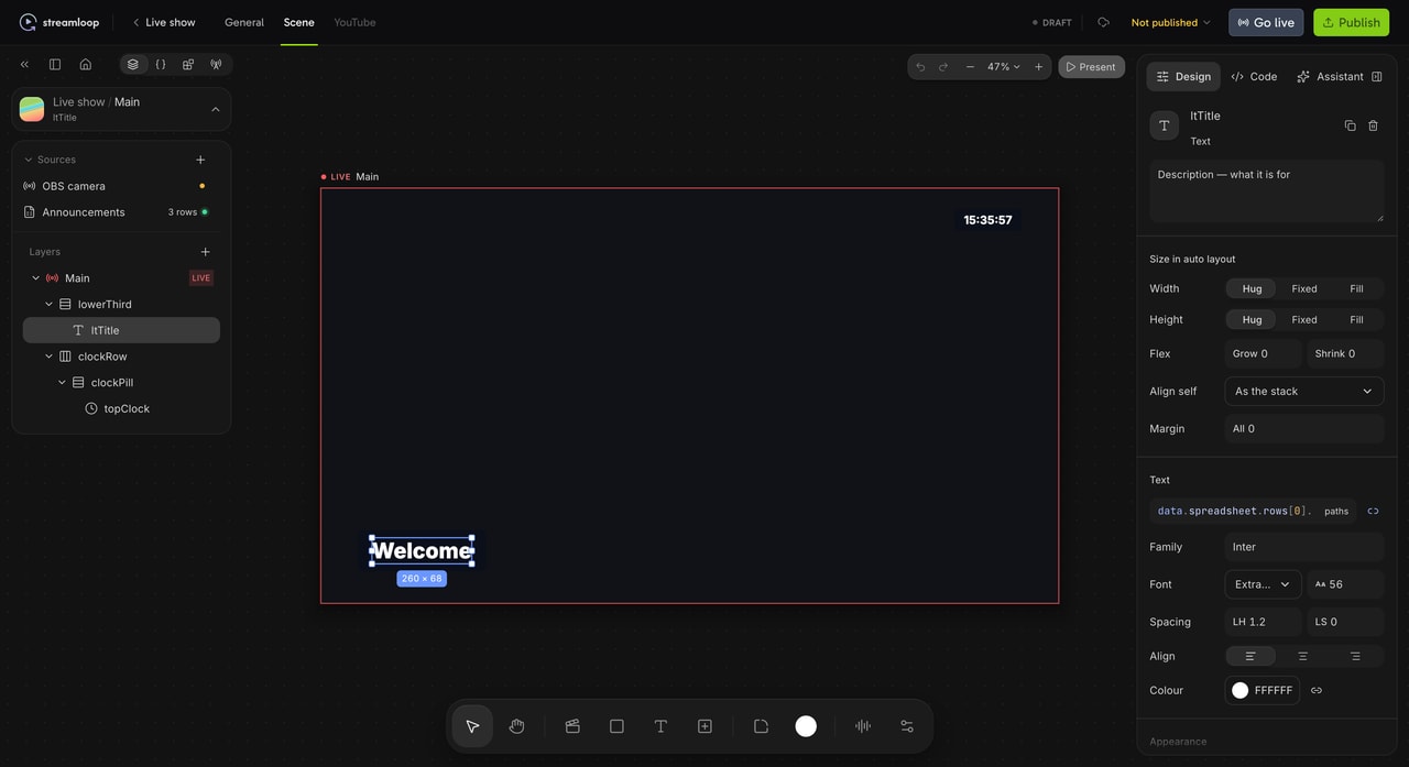 The Streamloop studio with a draft scene. The layers panel shows a lower third and a clock, and the inspector shows the selected text layer.