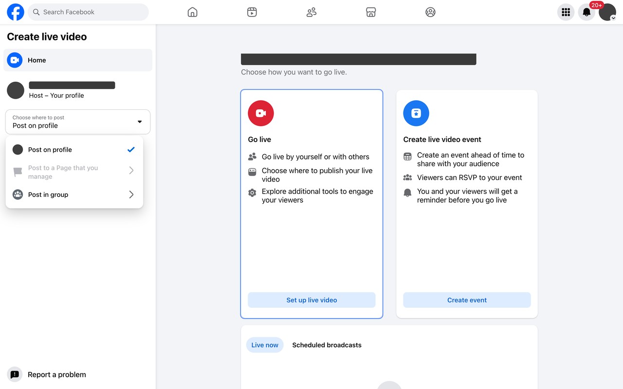 Live Producer menu that sets where the live video posts: profile, Page or group.