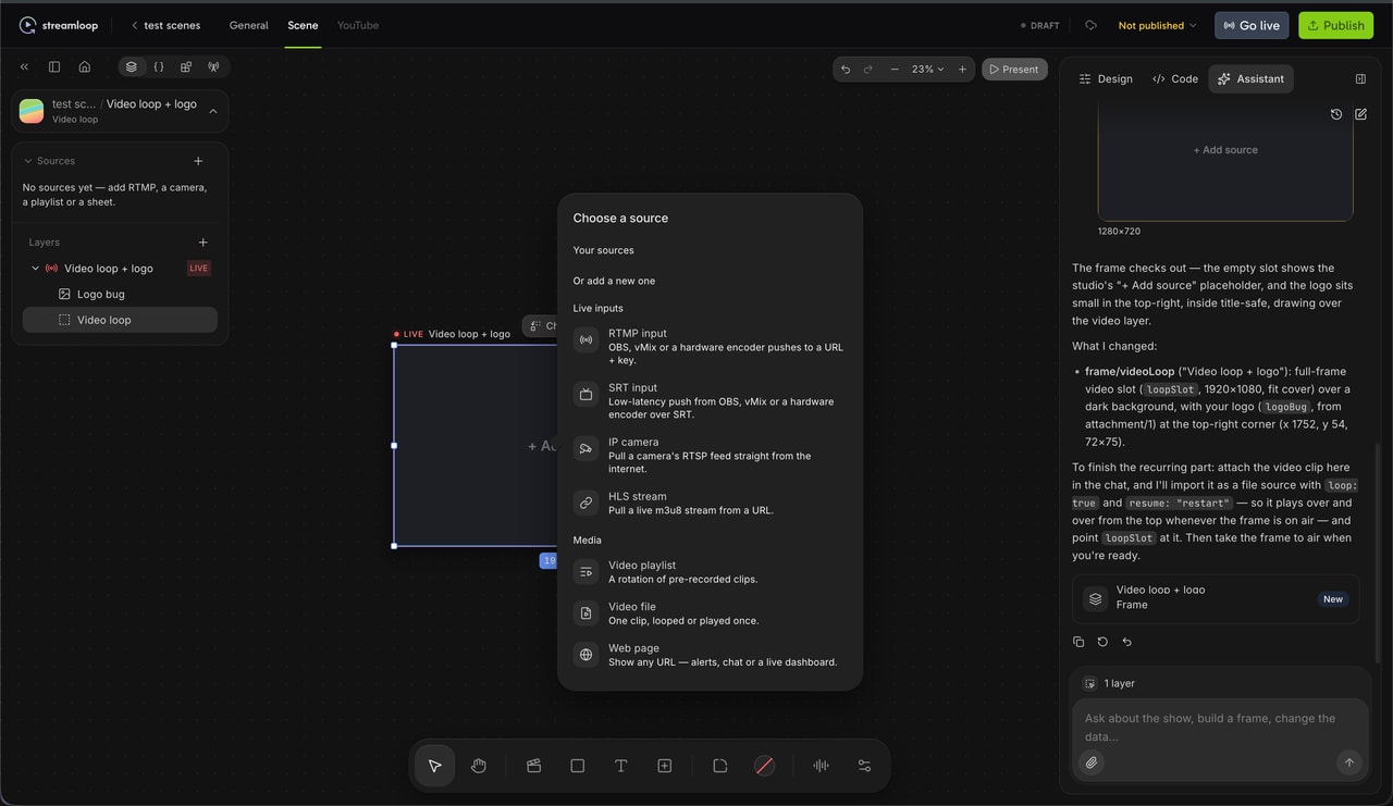 A scene in the Streamloop Live Scenes studio with the source picker open. The picker lists a live input, a playlist, a camera and a web page.