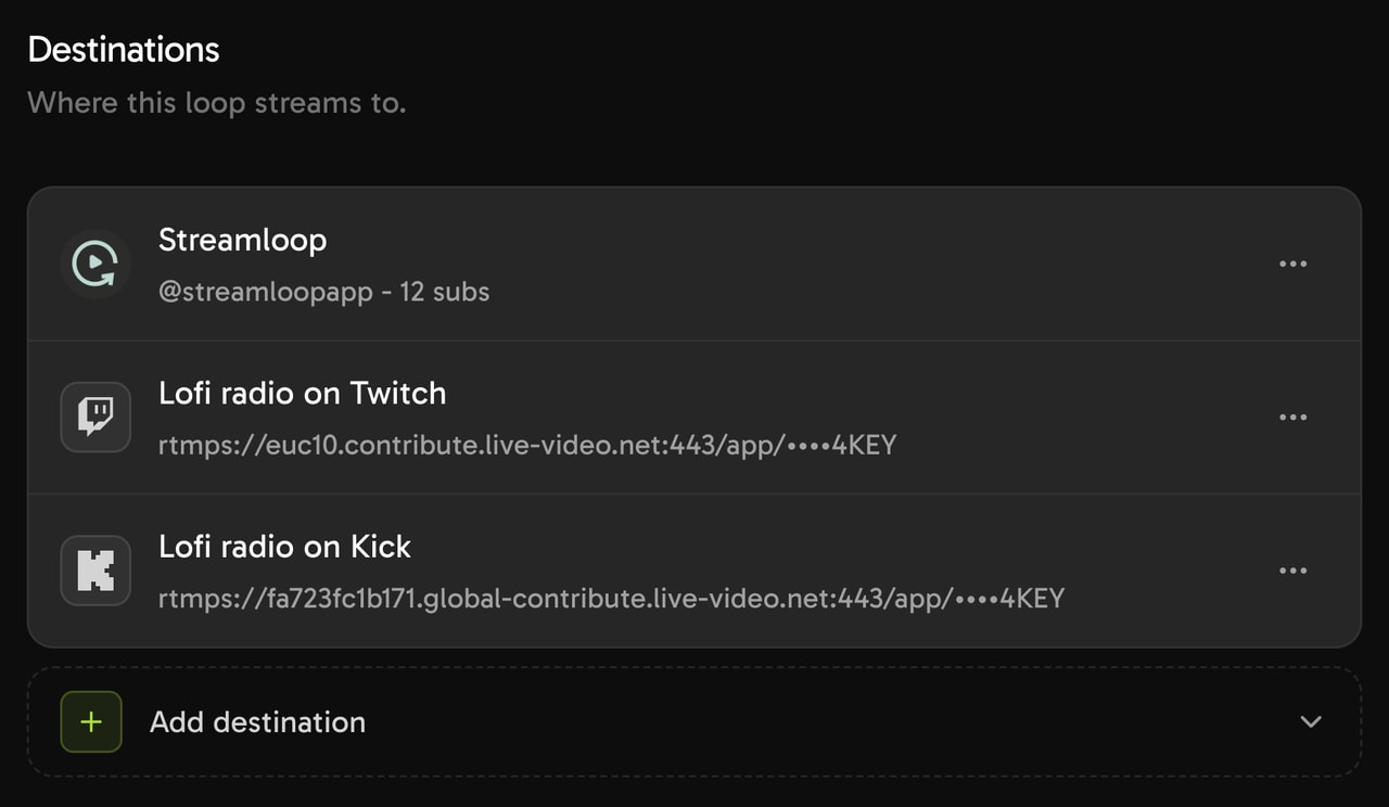 The Destinations list with three destinations: Streamloop (@streamloopapp, 12 subs), Lofi radio on Twitch and Lofi radio on Kick.