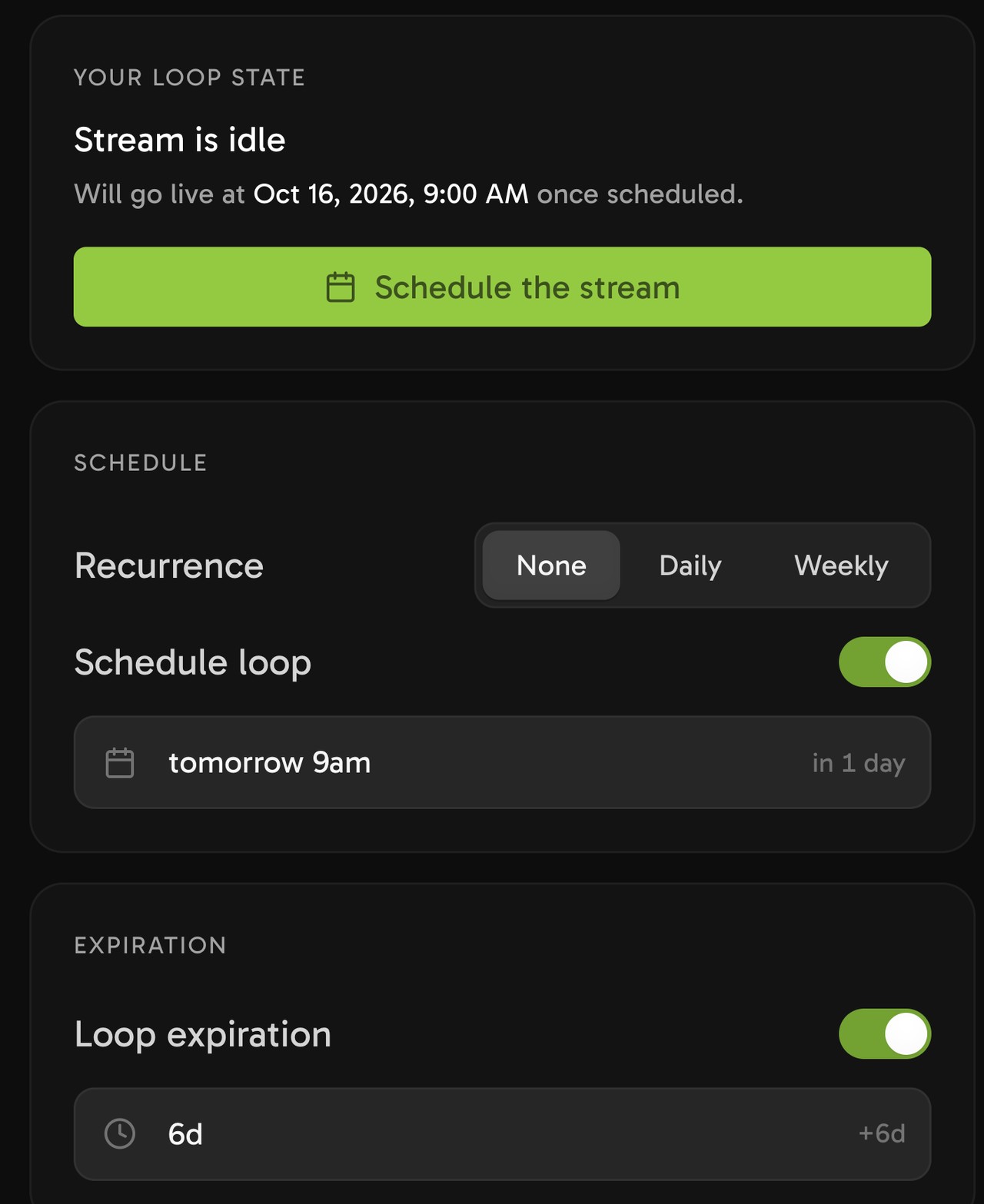 The Streamloop Schedule section with Recurrence None, Schedule loop on and a start time of tomorrow 9am. Loop expiration is on below.