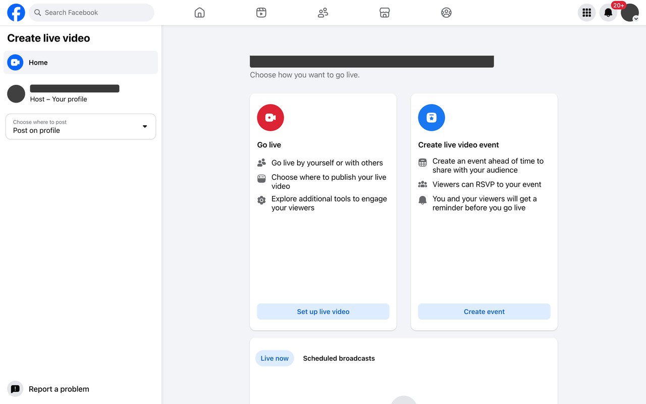 Facebook Live Producer home page with the Go live card and the Set up live video button.