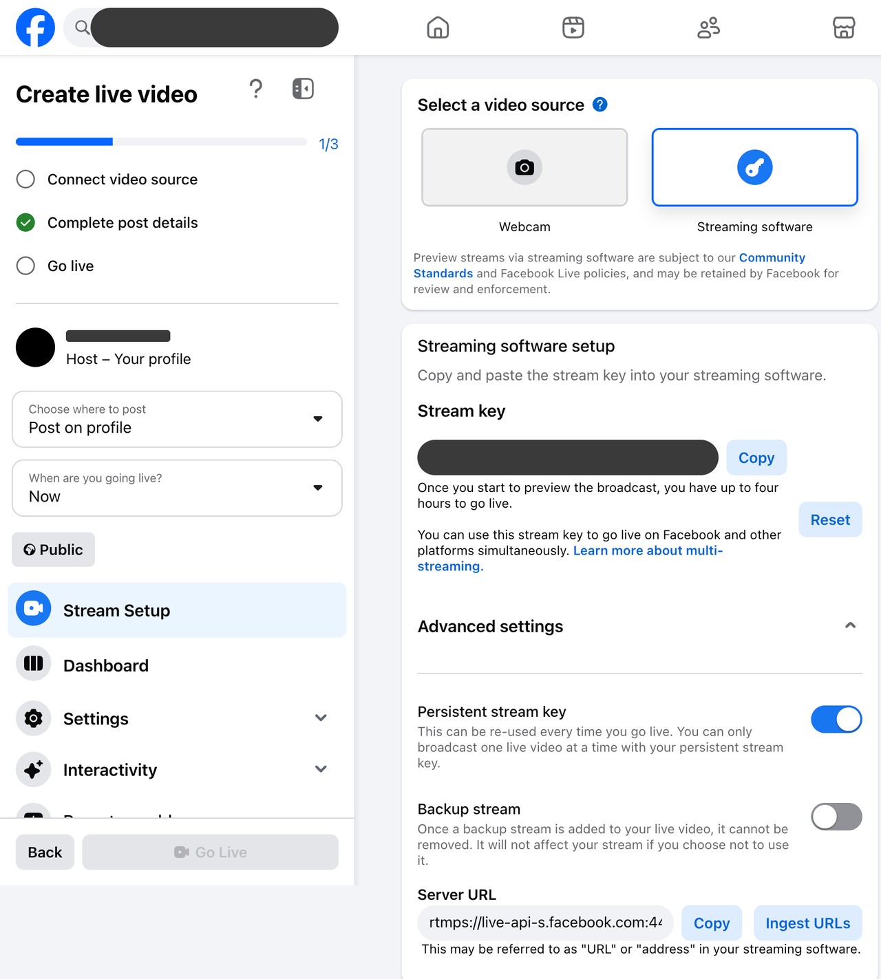 Facebook Live Producer Streaming software setup panel with the masked stream key, Copy, Reset and the Server URL.