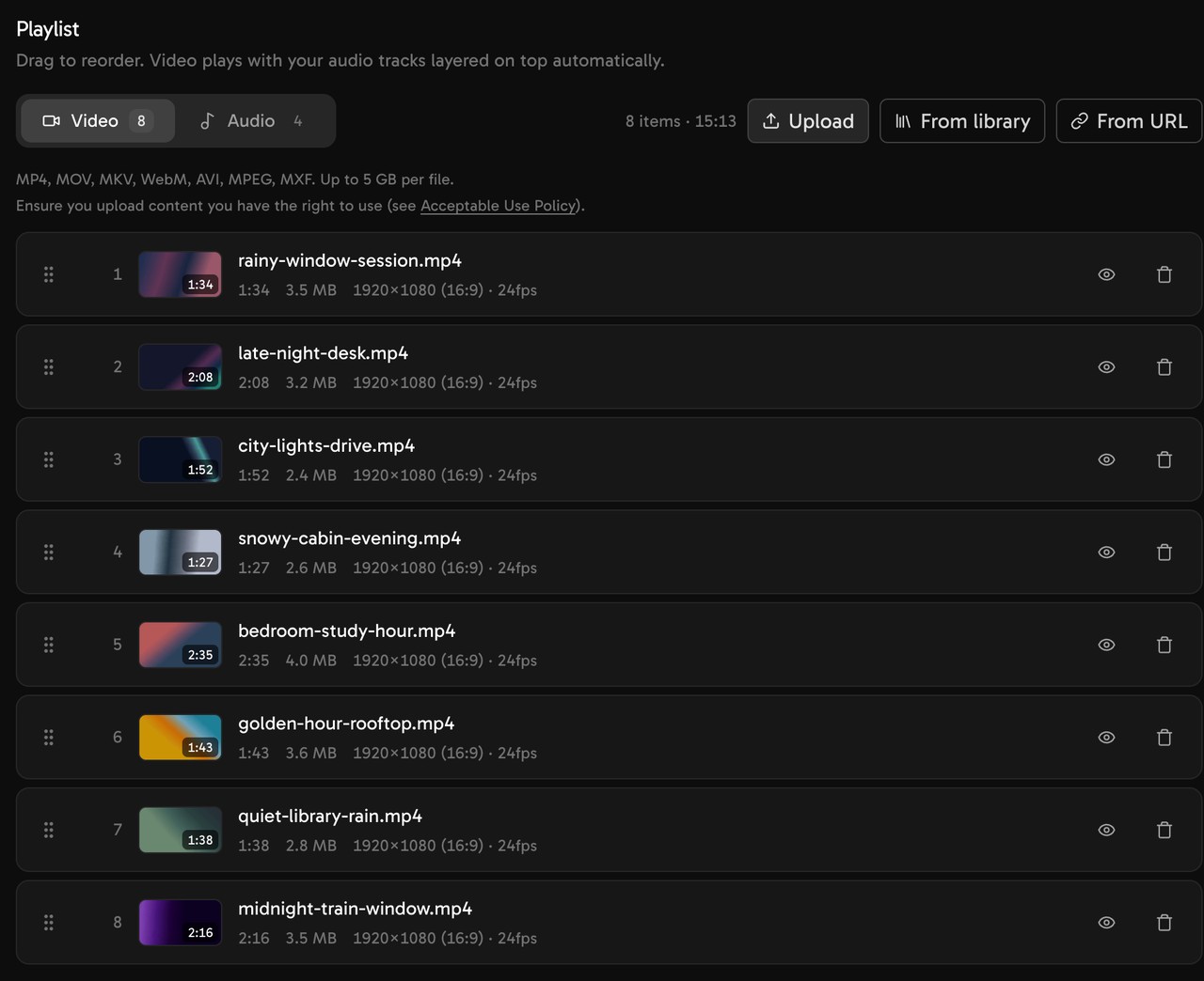 The video playlist with eight 1080p lofi clips. Each row shows the file name, length, size and resolution.