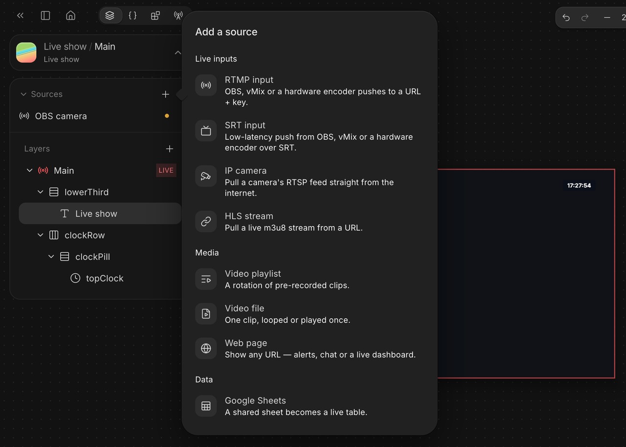 The Add a source menu in the studio. Live inputs are RTMP input, SRT input, IP camera and HLS stream. Media and data sources are below them.