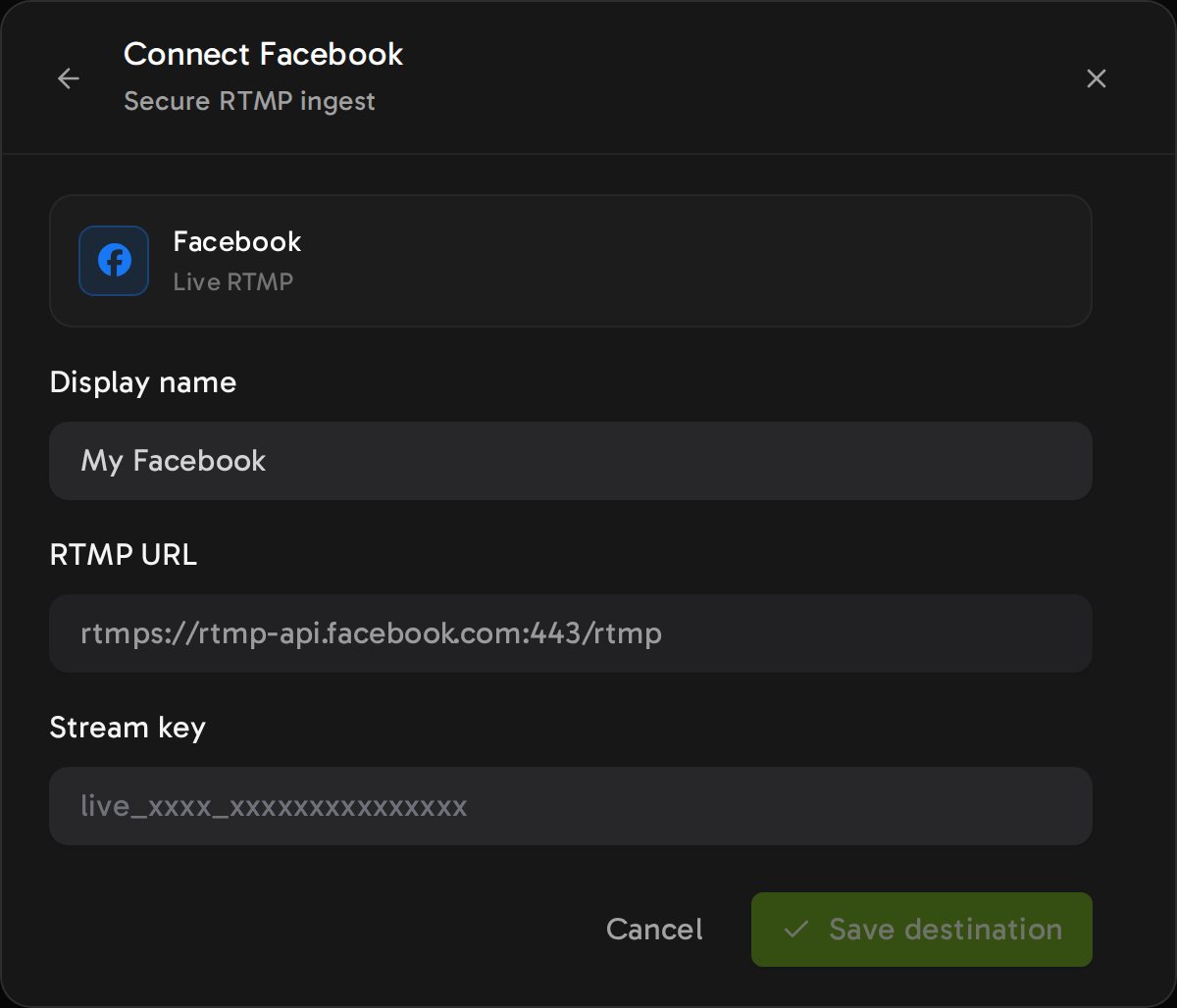 The Streamloop Connect Facebook form. The RTMP URL field shows the Facebook server address and you cannot edit it. The Stream key field is empty.