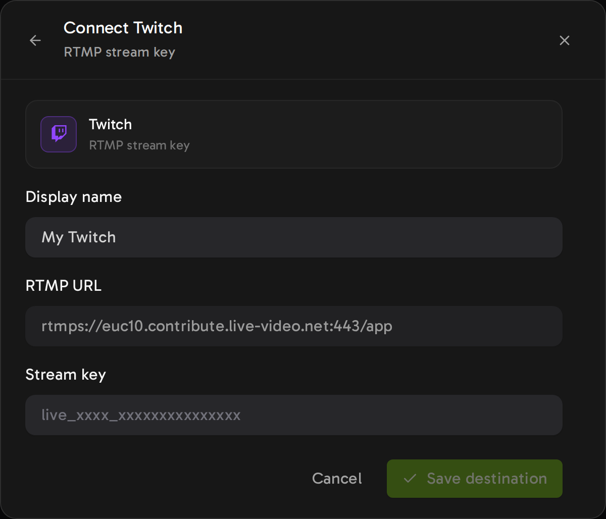 Streamloop Connect Twitch form. The RTMP URL field is locked to the Twitch ingest address. The Stream key field is empty.