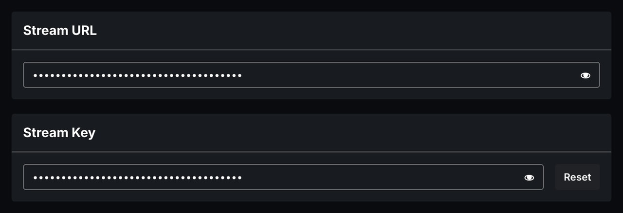 The Kick Stream URL & Key page. The Stream URL and Stream Key fields show only dots. A Reset button is next to the key.