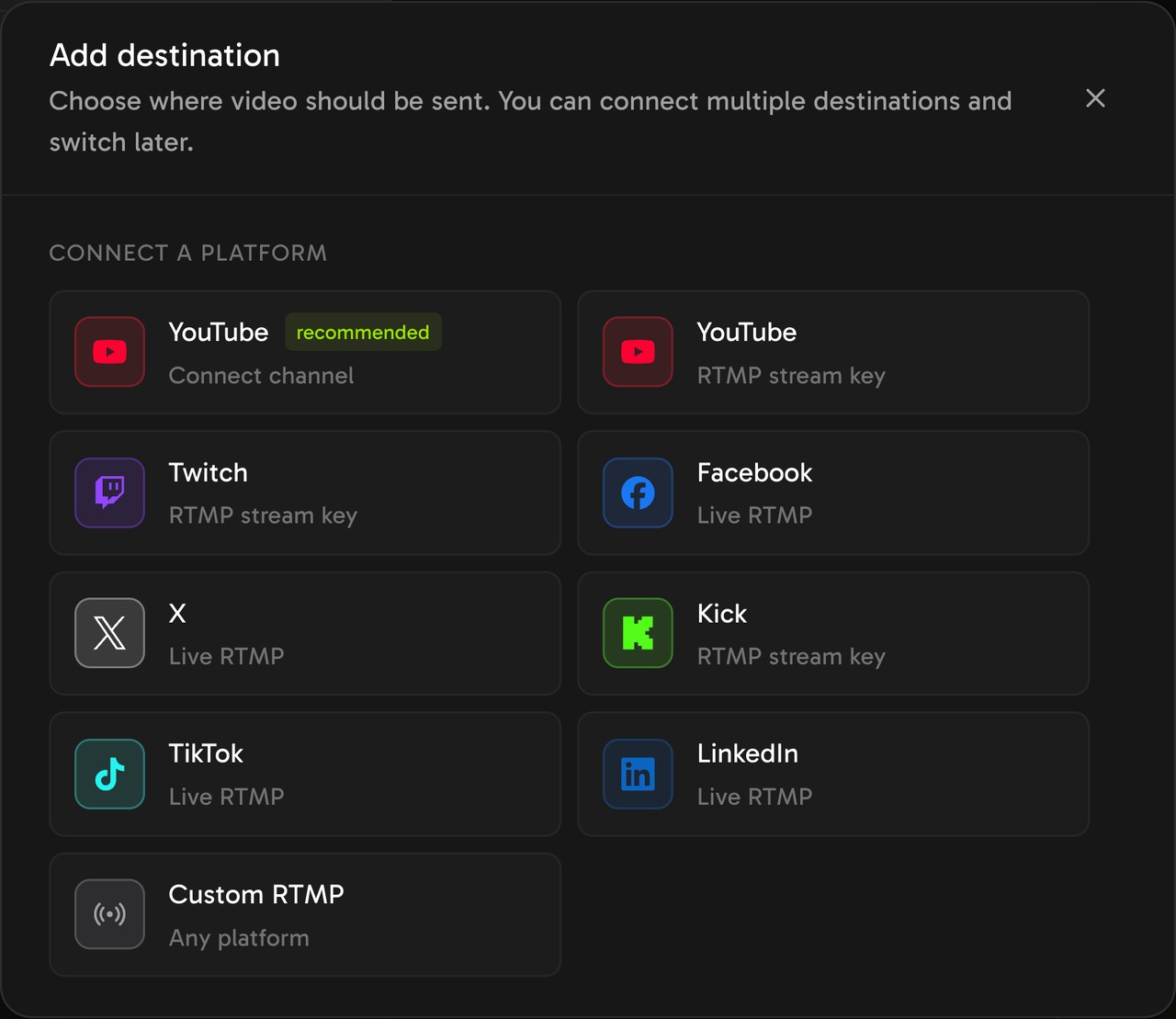 The Add destination dialog with YouTube, Twitch, Facebook, X, Kick, TikTok, LinkedIn and Custom RTMP.
