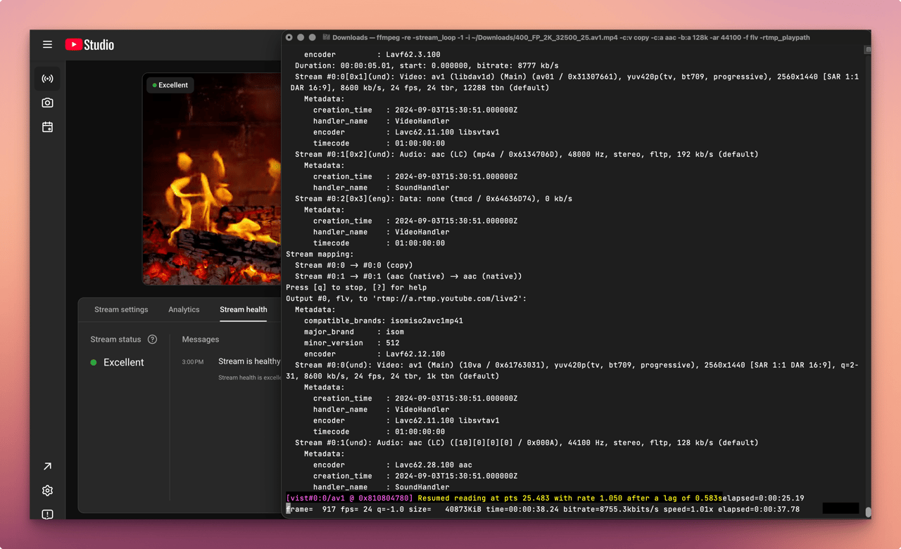 FFmpeg looping an AV1 file to rtmp://a.rtmp.youtube.com/live2 in a terminal, next to the Live Control Room with stream health Excellent