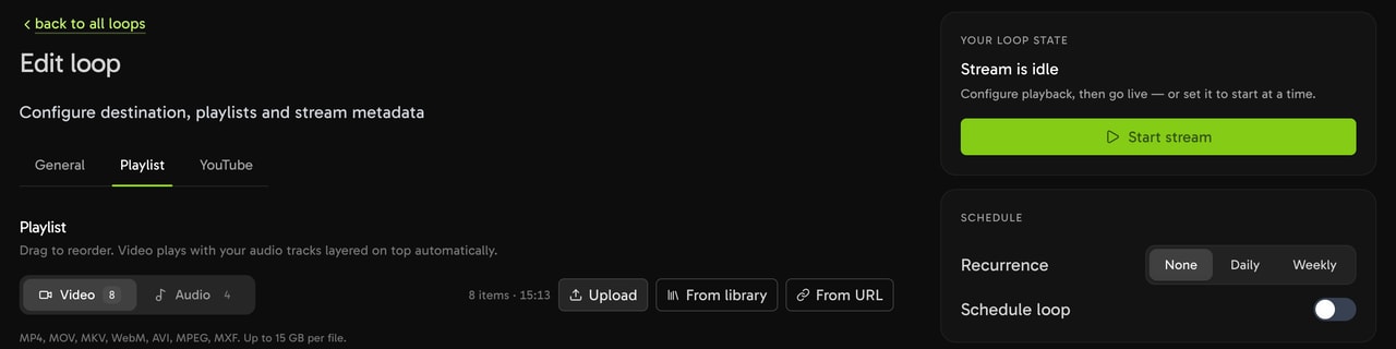 Streamloop loop editor, Playlist tab, with Upload, From library and From URL buttons and a Start stream button