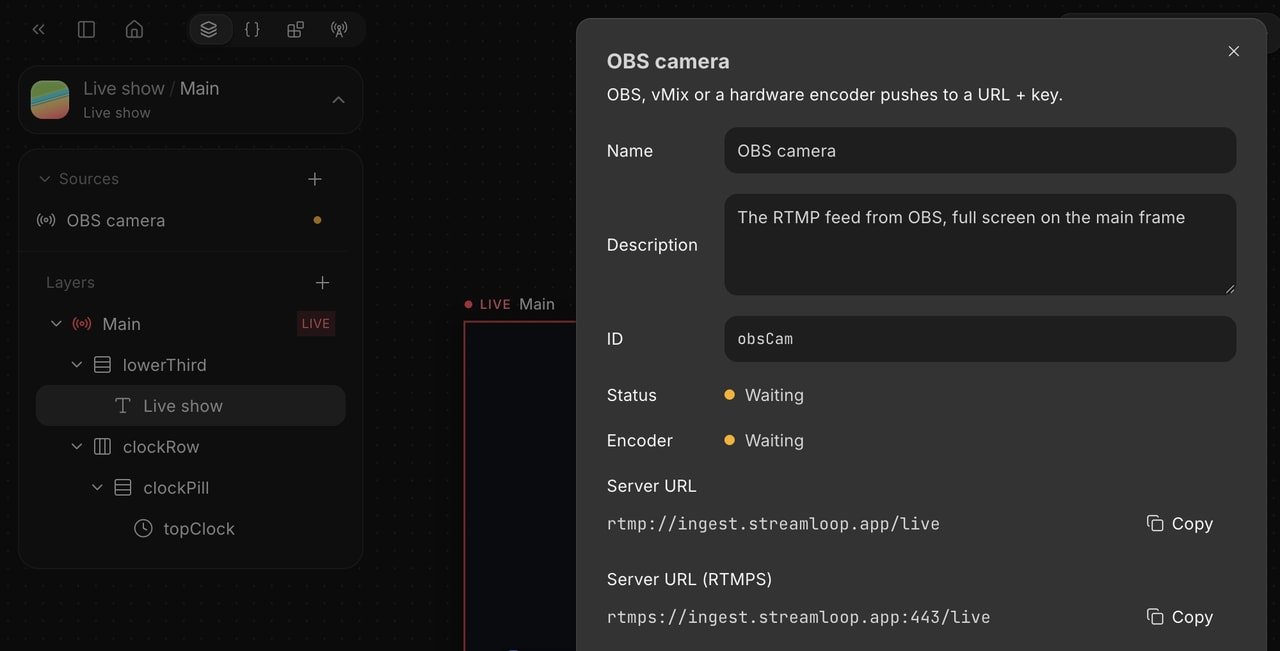The settings of an RTMP input called OBS camera. The status is Waiting. It shows an RTMP server URL and an RTMPS server URL, each with a Copy button.