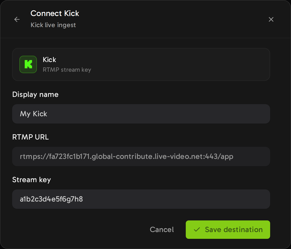 The Streamloop Connect Kick form. The RTMP URL field shows the Kick server address and cannot be edited. The Stream key field shows a sample key.