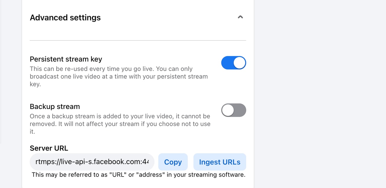 Facebook Live Producer advanced settings with the Persistent stream key toggle turned on and the Server URL.