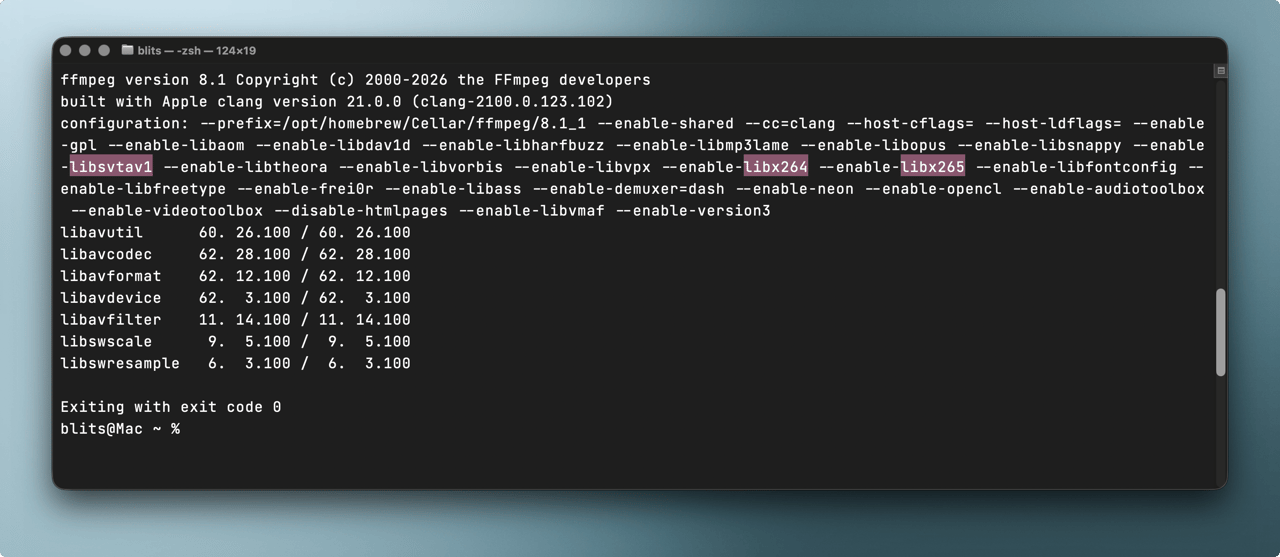 Terminal output of ffmpeg -version, with libsvtav1, libx264 and libx265 marked in the configuration line
