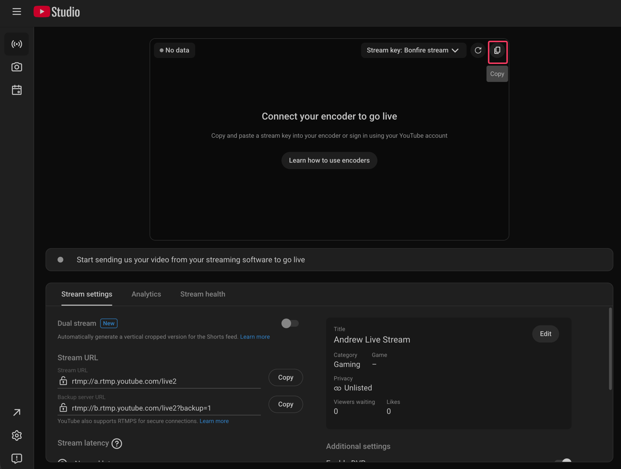 YouTube Studio Live Control Room, Stream tab, with the copy button for the stream key and the Stream URL rtmp://a.rtmp.youtube.com/live2
