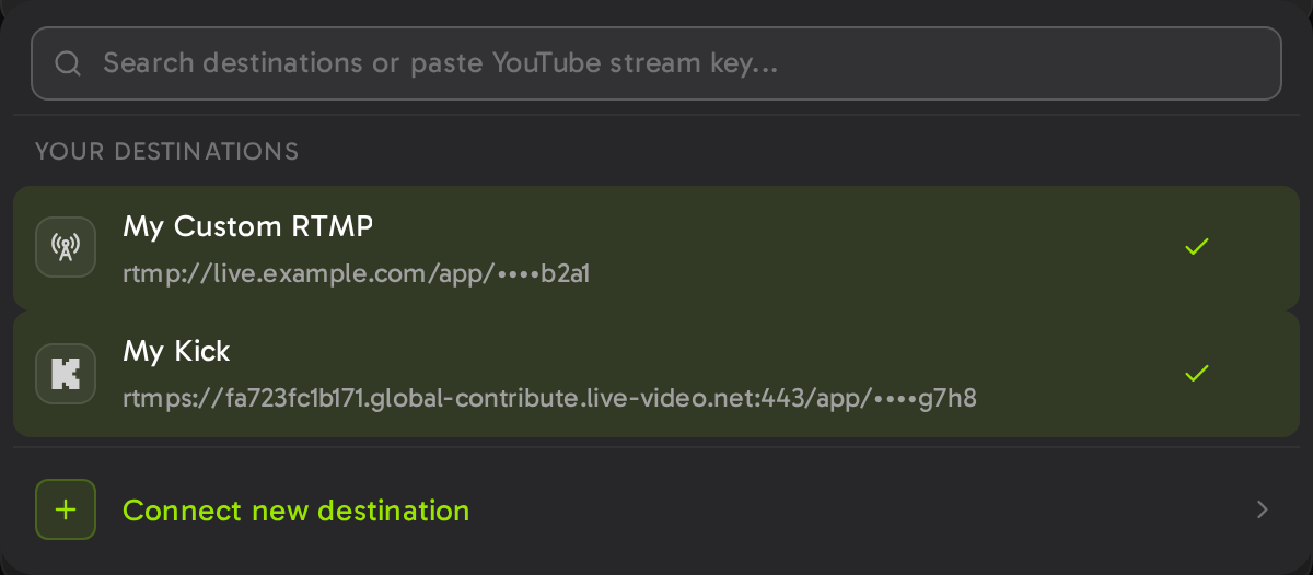 Saved destinations in Streamloop. Each row shows the server URL and only the last four characters of the stream key.