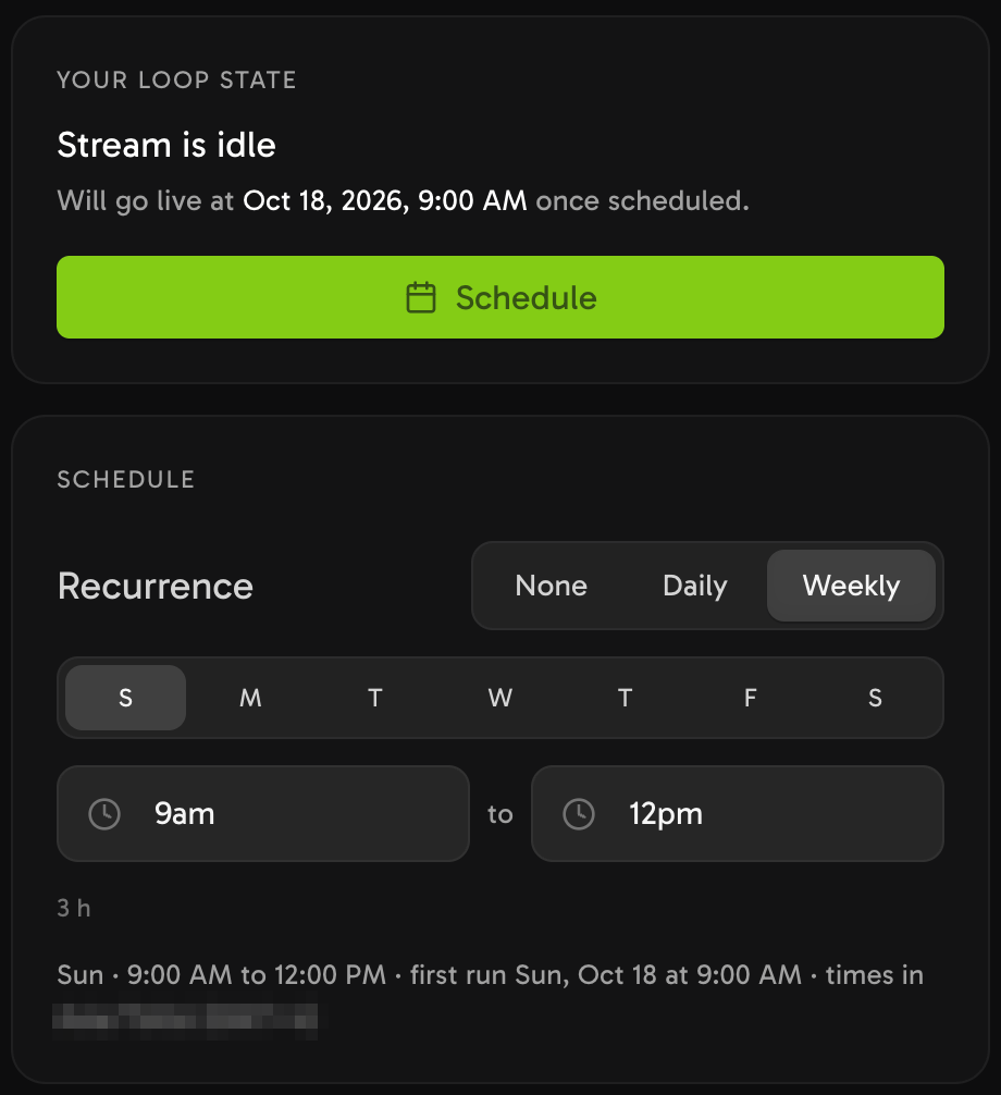 The Streamloop schedule card with Weekly selected, Sunday on, and a window from 9 AM to 12 PM.