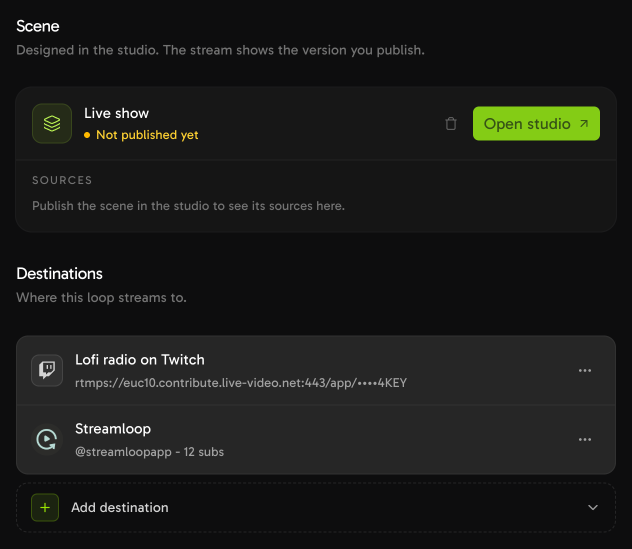 A Streamloop Scene loop with two destinations: Twitch with a hidden stream key, and a connected YouTube channel.
