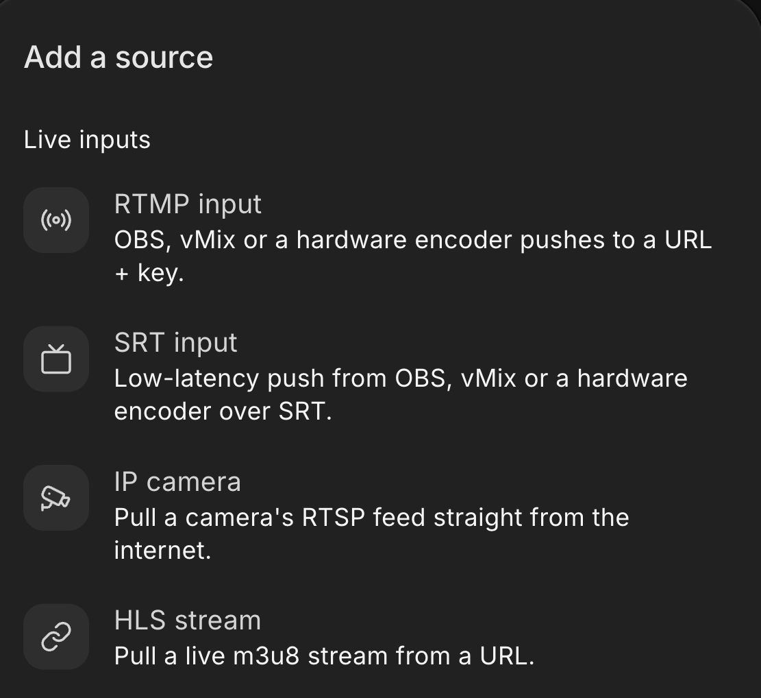 The Add a source menu of a scene. Its Live inputs group lists RTMP input, SRT input, IP camera and HLS stream.