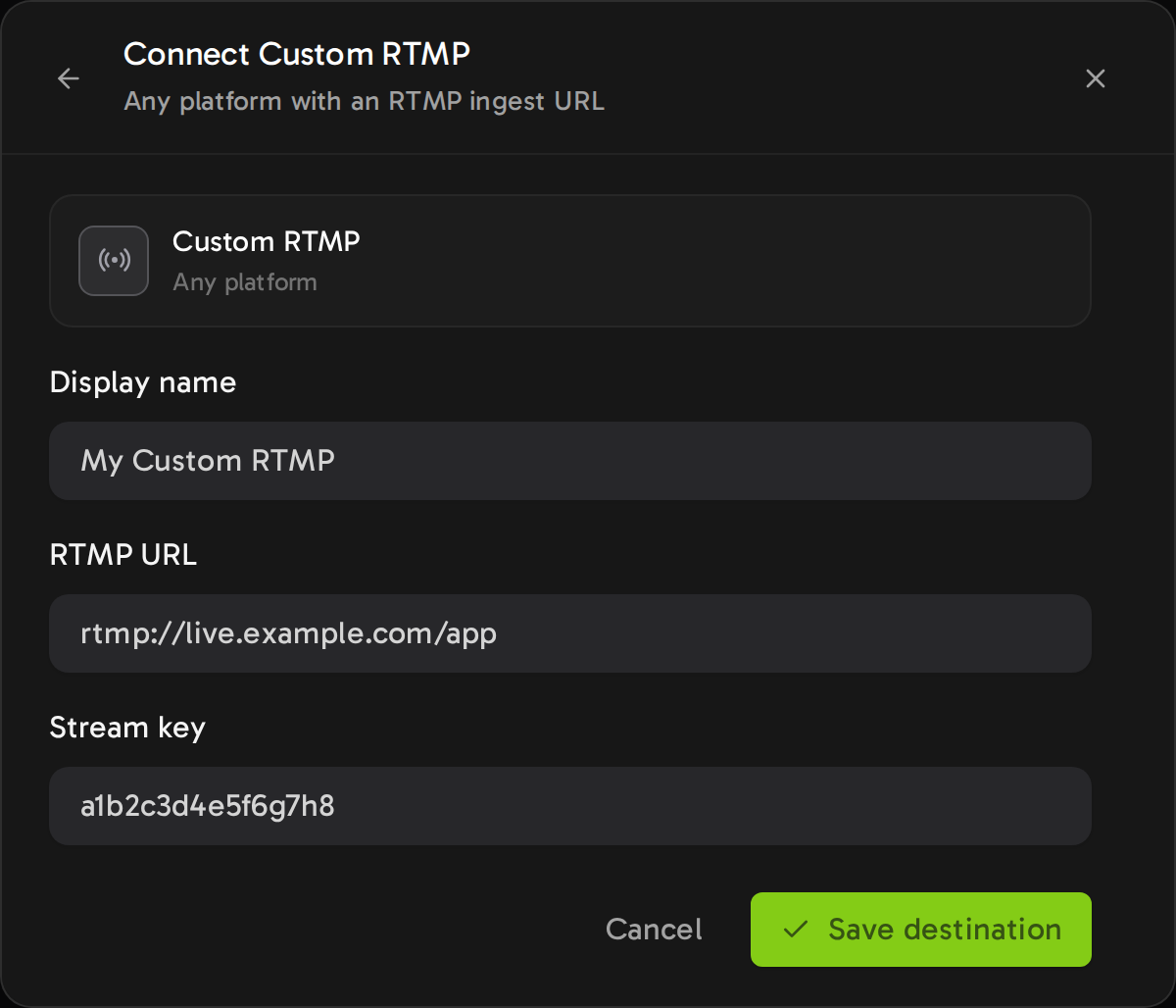 The Streamloop Connect Custom RTMP form. You type the server URL in the RTMP URL field and the key in the Stream key field.