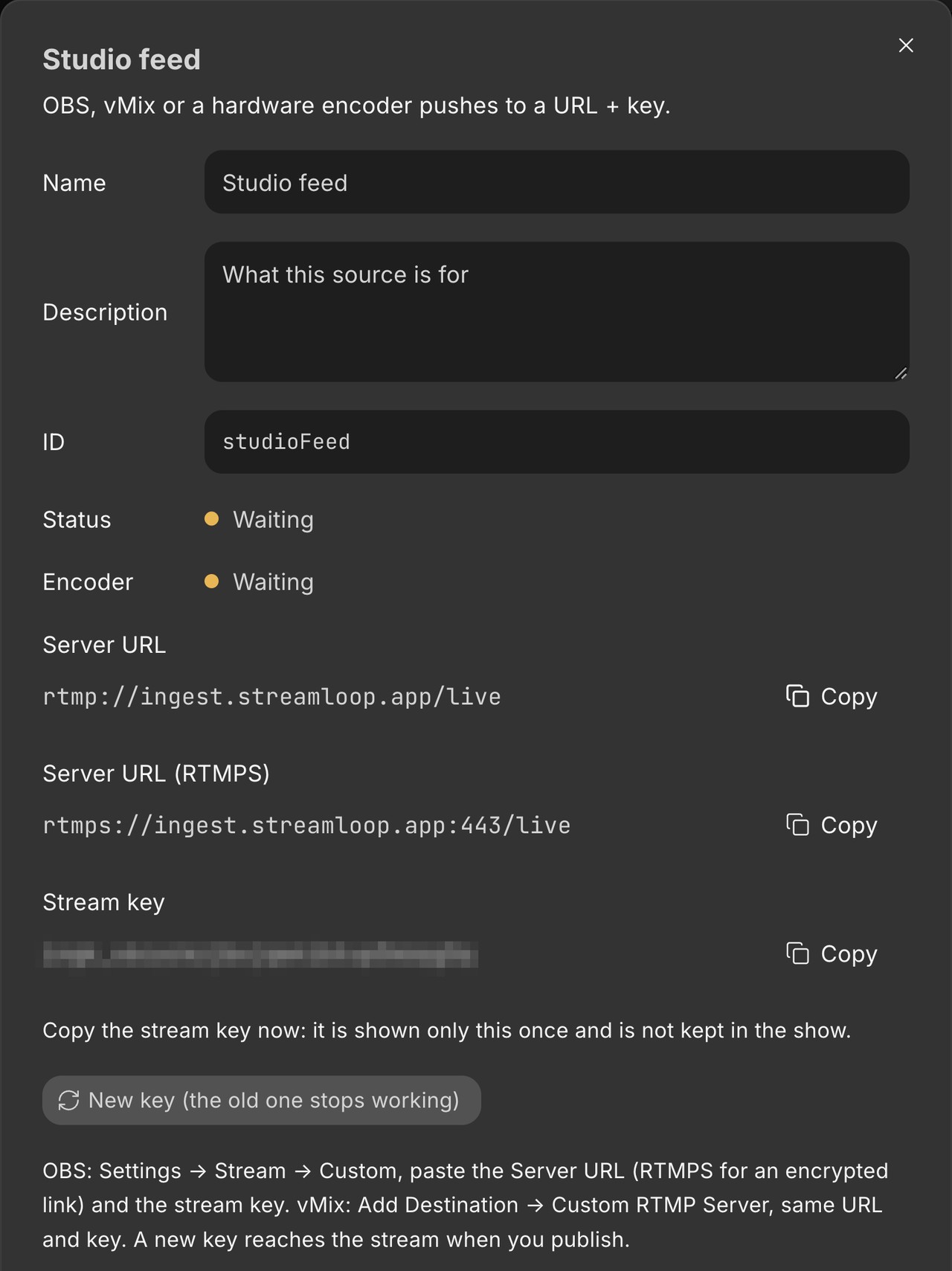 The RTMP input settings in the Live Scenes studio. They show an RTMP server URL, an RTMPS server URL on port 443 and a hidden stream key.