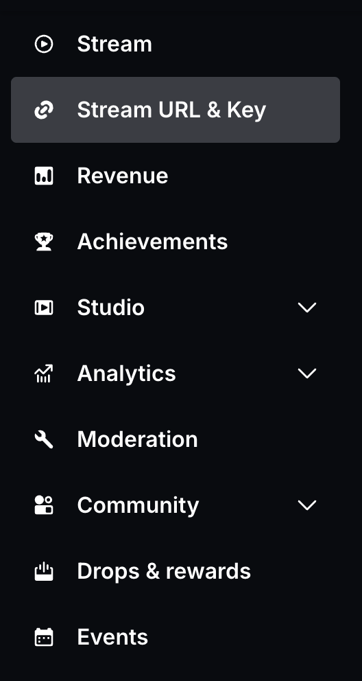 The Kick Creator Dashboard sidebar. Stream URL & Key is selected, below Stream and above Revenue.