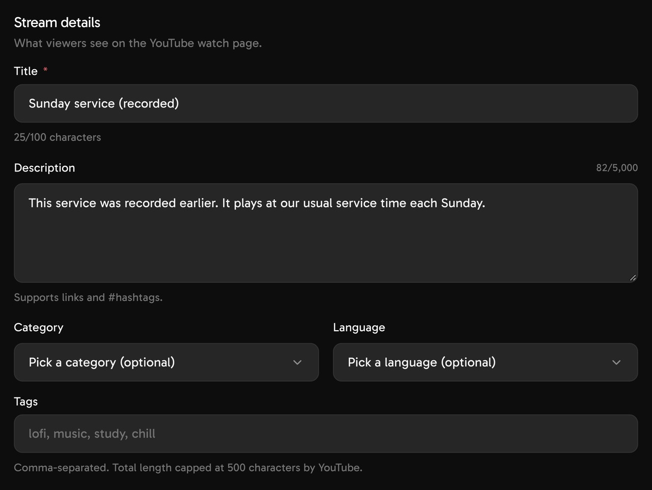 Streamloop YouTube tab with the title Sunday service (recorded) and a description that says the service was recorded earlier.