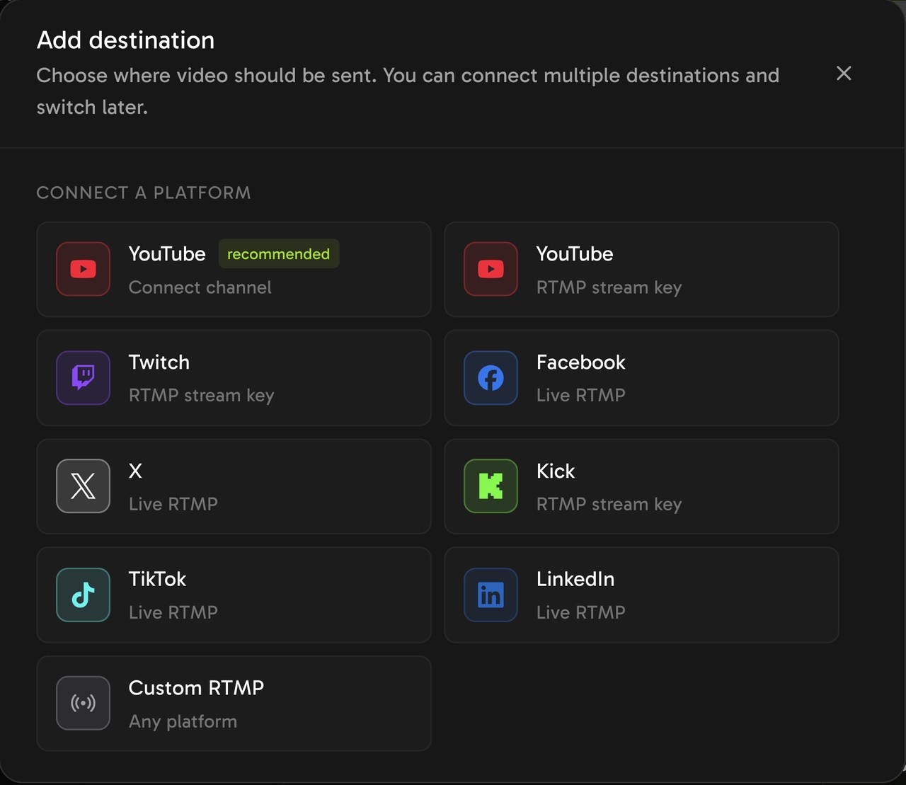 The Add destination window in Streamloop. YouTube has Connect channel and RTMP stream key. Twitch and Kick use RTMP stream key.