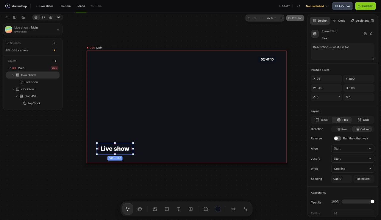 The Streamloop Live Scenes studio. The lower third layer is selected on the canvas, and the layers panel lists the lower third and a clock.